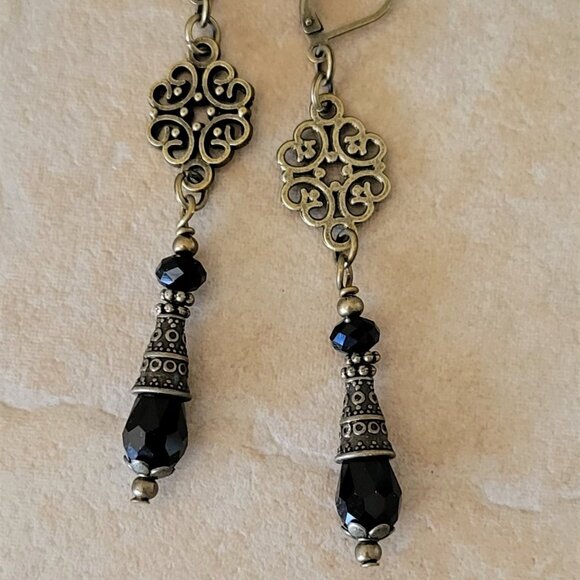 Black Crystal Teardrop Earrings, Etched Bronze Tone Cone Lever Back Ear wires - Picture 4 of 5